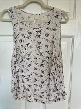 Free People Cream Sleeveless Tank with Black Bird Print